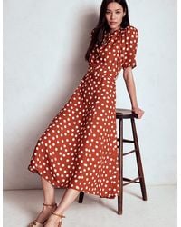 Boden - Kate Kleid Mit Puffärmeln Und Gürtel-Kastanienbraun, Gemalte Tupfen - Lyst