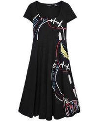 Desigual Square Neckline Short Sleeve Printed Dress - Black