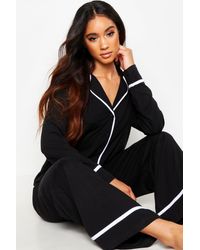 Boohoo Long Sleeve Button Through Jersey Pj Set - Black