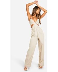 Boohoo - Linen Blend Cut Out Strappy Jumpsuit - Lyst