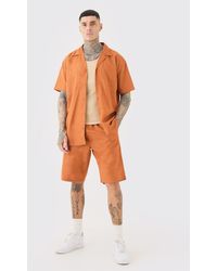 Boohoo - Tall Oversized Linen Drop Revere Shirt & Short Set In Brown - Lyst
