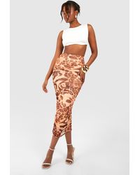 Boohoo - Leopard Printed Mesh Ruched Midi Skirt - Lyst