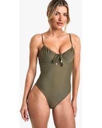 Boohoo - Shell Trim Ruched Cup Tie Front Underwired Swimsuit - Lyst