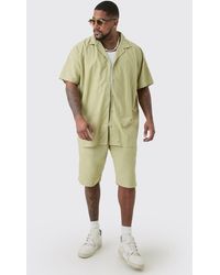 Boohoo - Plus Oversized Linen Drop Revere Shirt & Short Set In Sage - Lyst