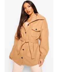 Boohoo Tall Wool Belted Shacket Coat - Natural