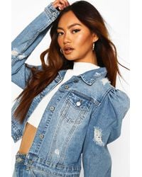 womens denim jacket with puff shoulders