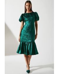 Coast - Petite Puff Sleeve Flute Hem Metallic Midi Dress - Lyst