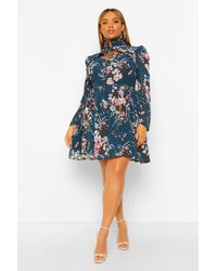 Boohoo - Plus Floral High Neck Cut Out Skater Dress - Lyst