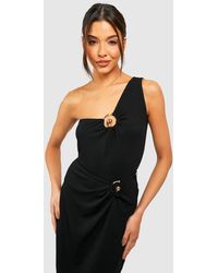 Boohoo - Ribbed Gold Trim One Shoulder One Piece - Lyst