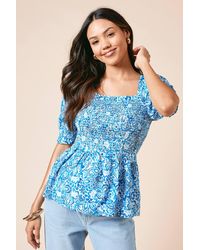 Dorothy Perkins - Shirred Bodice Puff Sleeve Peplum Top - Lyst