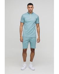Boohoo - Slim Fit Pique Interlock Bomber Neck Polo Shirt Smart Short Set - Lyst