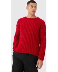 BoohooMAN - Oversized Boxy Open Stitch Ladder Detail Sweater In Red - Lyst