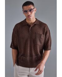 BoohooMAN - Boxy Crochet Dropped Shoulder V Neck Polo In Brown - Lyst