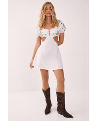 Nasty Gal - Cotton Cross Hatch Floral Embroidered Puff Sleeve Cut Out Mini Dress - Lyst