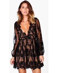Boohoo Womens Boutique Lace Plunge Skater Dress - Black