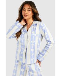 Boohoo - Cotton Poplin Stripe Palm Print Long Sleeve Shirt - Lyst