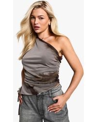 Boohoo - Printed Mesh One Shoulder Ruched Top - Lyst
