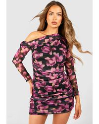 Boohoo - One Shoulder Floral Ruched Mesh Long Sleeve Mini Dress - Lyst