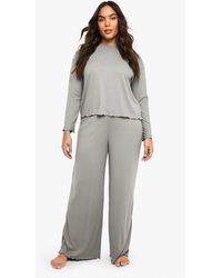 Boohoo - Plus Brushed Rib Lettuce Hem Top & Trouser Lounge Set - Lyst