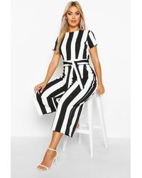 Boohoo Womens Plus Stripe Cap Sleeve Tie Waist Culotte Jumpsuit - Black