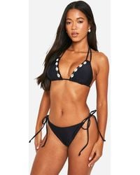 Boohoo - Shell Trim Ruched Triangle Bikini Top & Tie Side Bikini Bottoms Set - Lyst