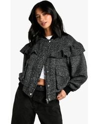 Boohoo - Petite Frill Detail Wool Look Bomber Jacket - Lyst