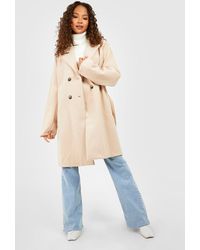 Boohoo Belted Double Breasted Wool Look Coat - White
