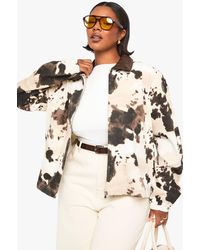 Boohoo - Plus Cow Print Collared Zip Up Denim Jacker - Lyst