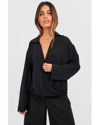 Boohoo - Hammered Drape Wrap Front Blouse - Lyst