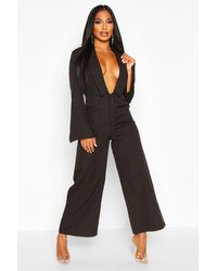 Boohoo Tailored Plunge Front Wide Leg Culotte Jumpsuit - Black