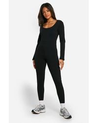 Boohoo - Basic Scoop Neck Cotton Long Sleeve Unitard Jumpsuit - Lyst