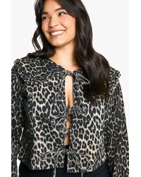 Boohoo - Plus Collar Detail Leopard Bow Front Jean Jacket - Lyst
