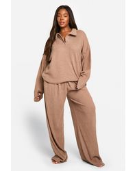 Boohoo - Plus Soft Rib Collared Top & Trouser Lounge Set - Lyst