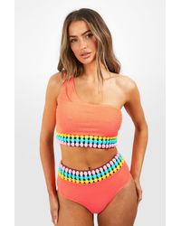 Boohoo - Pom Pom Tape Crinkle One Shoulder Bikini Set - Lyst