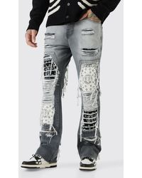 Boohoo - Tall Slim Rigid Flare Rip & Repair Applique Jeans - Lyst