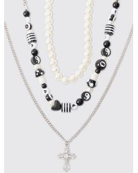Boohoo - 3 Pack Beaded Necklace With Cross Pendant In Silver - Lyst