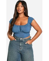 Boohoo - Plus Woven Stretch Ruched Cap Sleeve Corset Top - Lyst