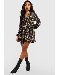 Boohoo - Petite Leopard Print Skater Shirt Dress - Lyst