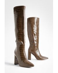 Boohoo - Croc Block Heel Pointed Toe Knee High Boots - Lyst