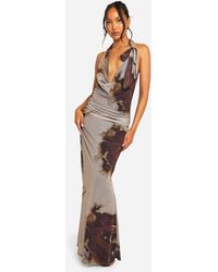 Boohoo - Cowl Neck Printed Mesh Tie Neck Maxi Dress - Lyst