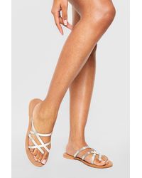 Boohoo - Wide Width Leather Metallic Crossover Detail Strappy Slip On Sandals - Lyst