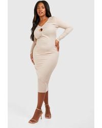 Boohoo - Plus Rib Key Hole Detail Long Sleeve Midi Dress - Lyst