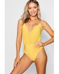 Boohoo Slinky Wrap Front Thong One Piece - Yellow