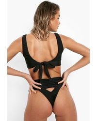 Boohoo Neon Ruched High Waisted Thong Bikini Brief - Black