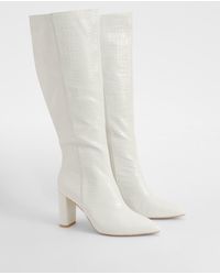 Boohoo - Wide Fit Croc Pointed Knee High Heeled Boots - Lyst