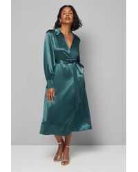 Wallis - Satin Collared Tie Waist Midi Dress - Lyst