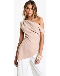 Boohoo - Linen Look Drape One Shoulder Asymmetric Top - Lyst