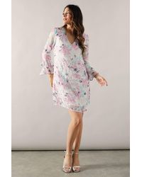 Wallis - Floral Metallic Ruffle Sleeve Shift Dress - Lyst