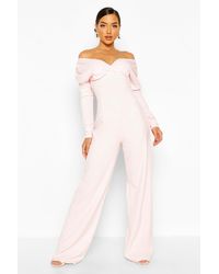 Boohoo Bardot Ruched Sleeve Detail Wide Leg Jumpsuit - Pink
