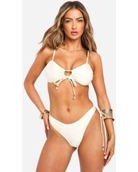 Boohoo - Pearl Trim Tie Front Bandeau Bikini Top & Tie Side Bikini Bottoms Set - Lyst